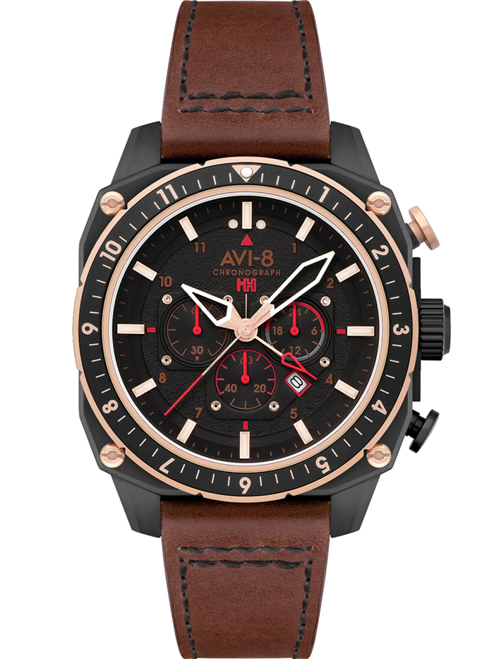 AVI-8 Hawker Hunter Dual Time Roloi Xronogafos Batarias me Kafe Dermatino Louraki AV-4100-09