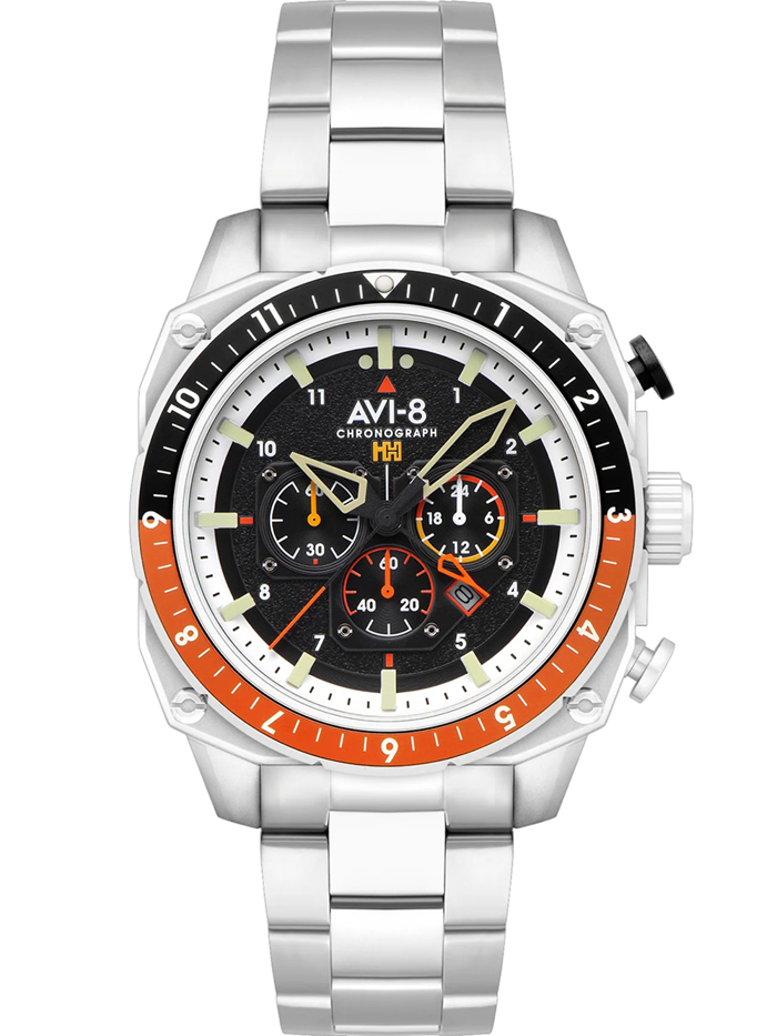 AVI-8 Hawker Hunter Dual Time Roloi Xronogafos Batarias me Asimi Metalliko Brasele AV-4100-11