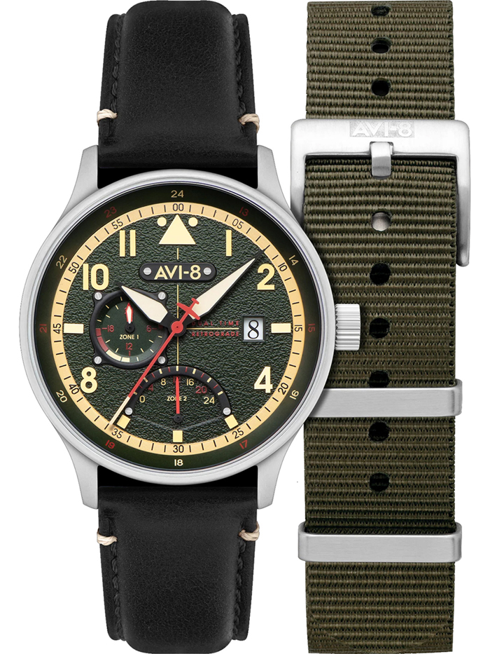 AVI-8 Hawker Hurricane McKellar Dual Time Roloi Batarias me Mavro Dermatino Louraki kai Prasino ufasmatino Louraki AV-4101-0A