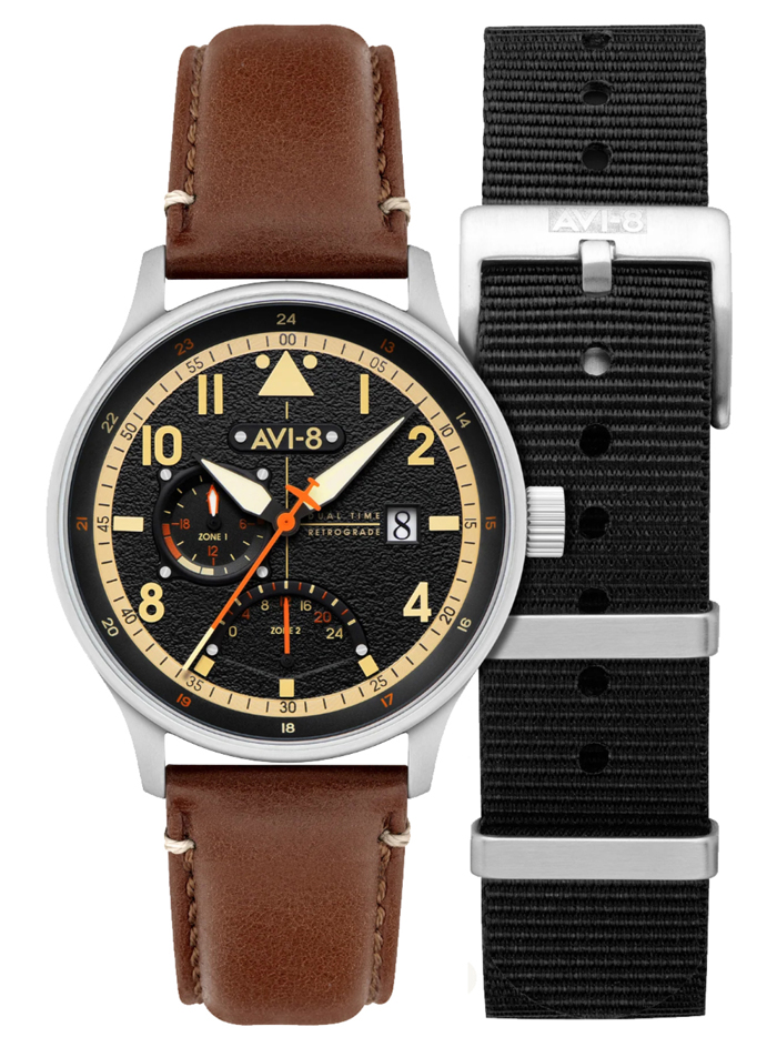 AVI-8 Hawker Hurricane McKellar Dual Time Roloi Batarias me Mavro Dermatino Louraki kai Mavro ufasmatino Louraki AV-4101-0B