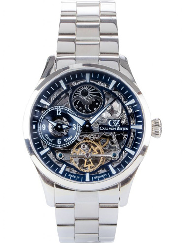 Carl von Zeyten Freiburg Dual Time Ρολόι Αυτόματο με Ασημί Μεταλλικό Μπρασελέ CVZ0063BLMS