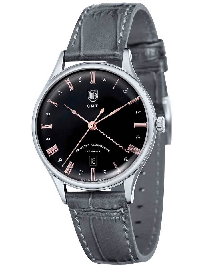 DuFa Weimar GMT Roloi Batarias me Ggri Dermatino Louraki DF-9006-08