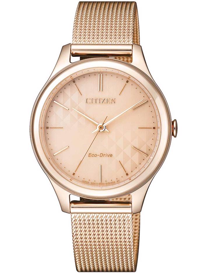 Citizen Drive Elegance Roloi Iliakis Energias me Roz Xruso Metalliko Brasele Eco-EM0503-83X