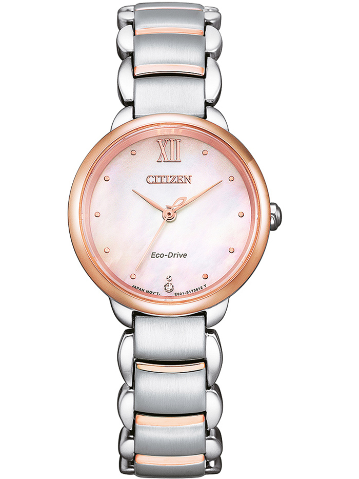 Citizen Eco-Drive Elegance Roloi Iliakis Energias me Roz Xruso / Asimi Metalliko Brasele EM0924-85Y