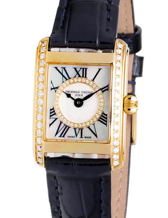 Frederique Constant Classics Carree 24 Diamonds Roloi Batarias me Ble Dermatino Louraki FC-200MPWDCD15