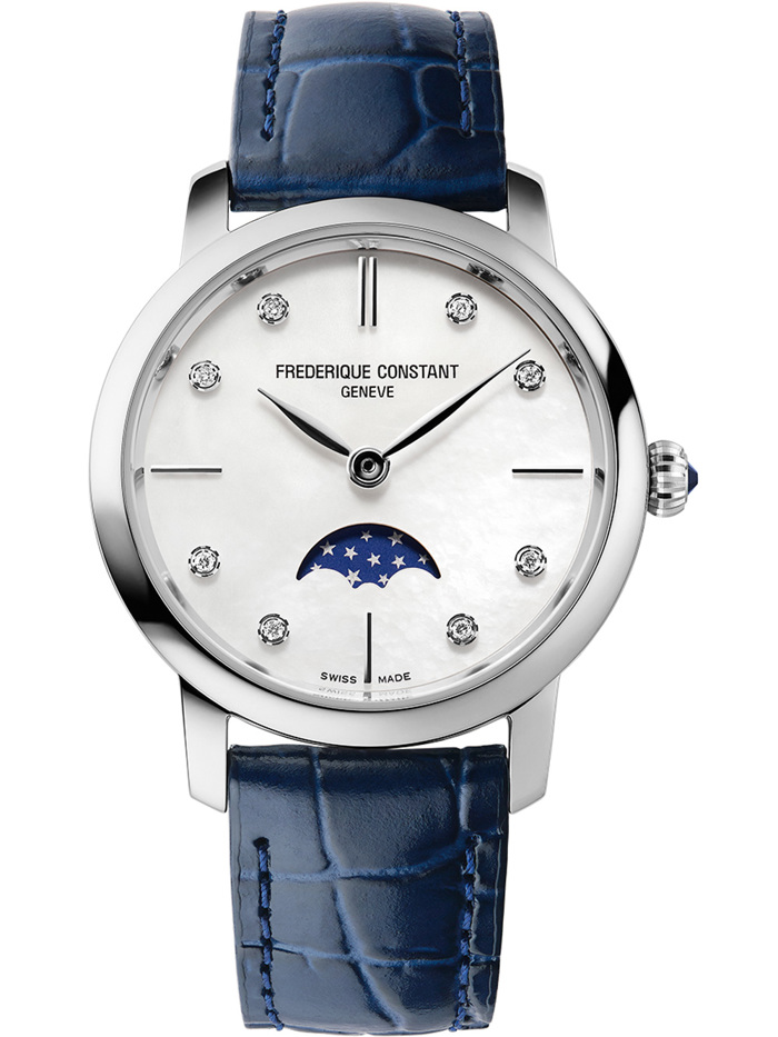 Frederique Constant Slimline Moonphase Roloi Batarias me Ble Dermatino Louraki FC-206MPWD1S6