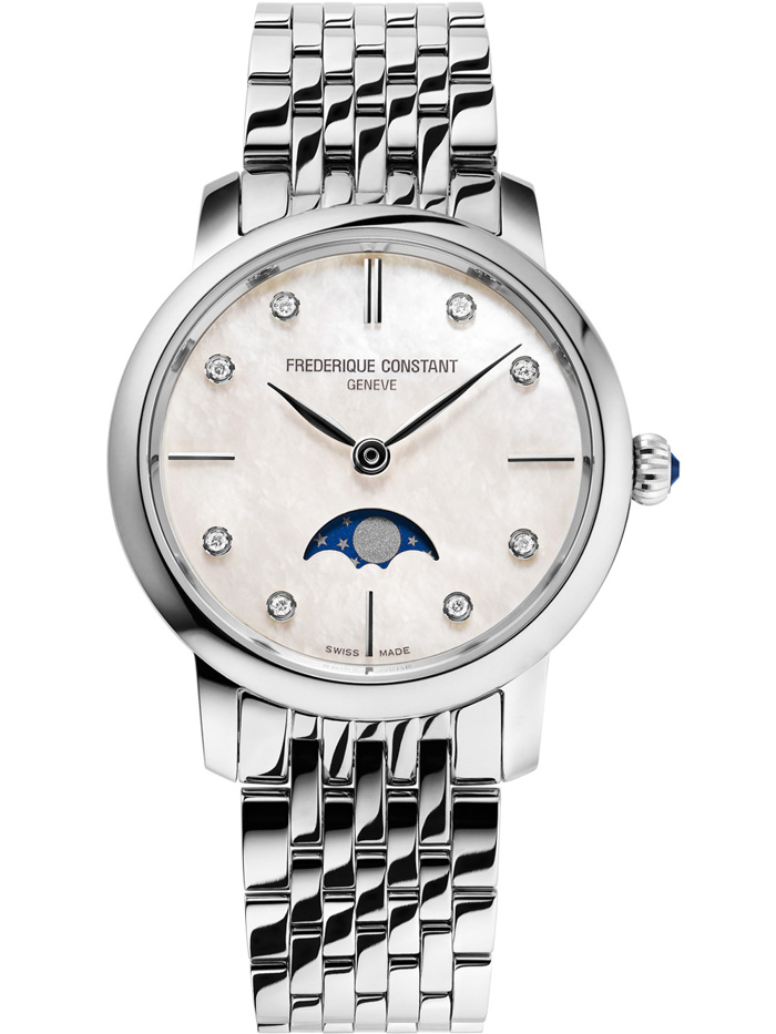 Frederique Constant Slimline Moonphase Roloi Batarias me Asimi Metalliko Brasele FC-206MPWD1S6B