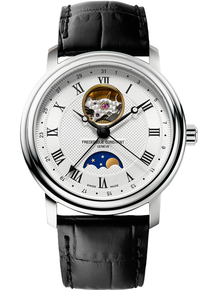 Frederique Constant Classic Moon Phase Roloi Aftomato me Mavro Dermatino Louraki FC-335MC4P6