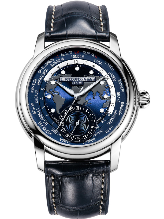 Frederique Constant Classic Worldtimer Roloi Aftomato me Ble Dermatino Louraki FC-718NWM4H6