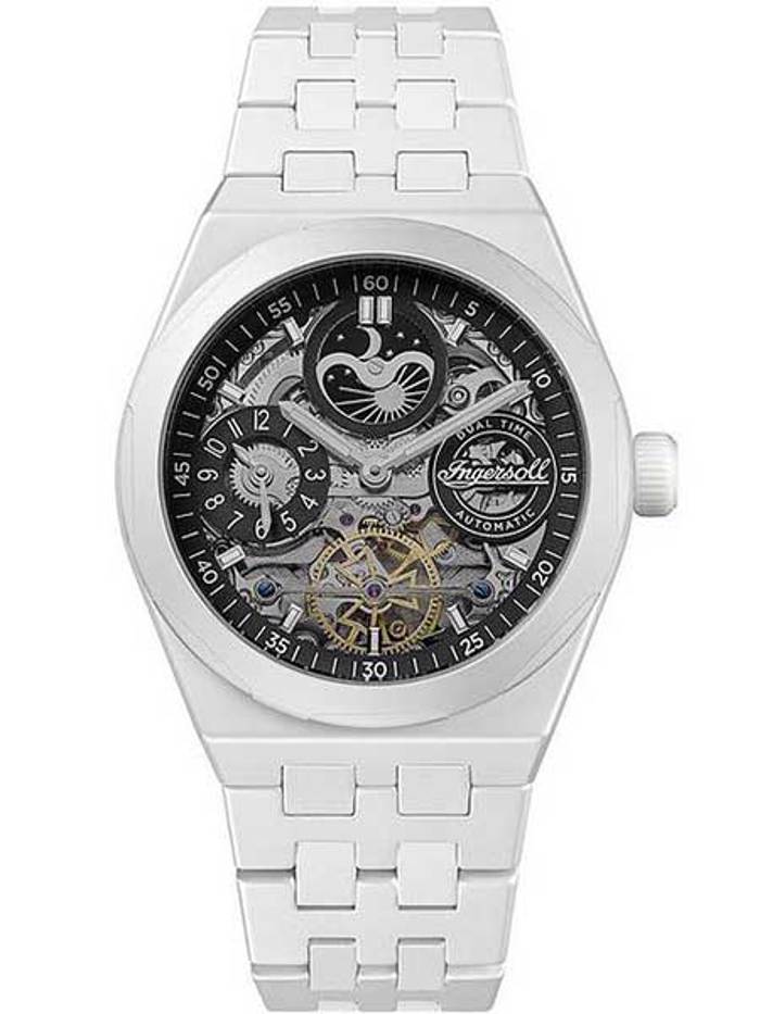 Ingersoll The Broadway Ceramic Dual Time Roloi Aftomato me Lefko Keramiko Brasele I15101