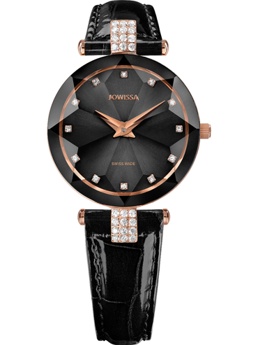 Jowissa Facet Strass Ρολόι Μπαταρίας με Μαύρο Δερμάτινο Λουράκι J5.623.M