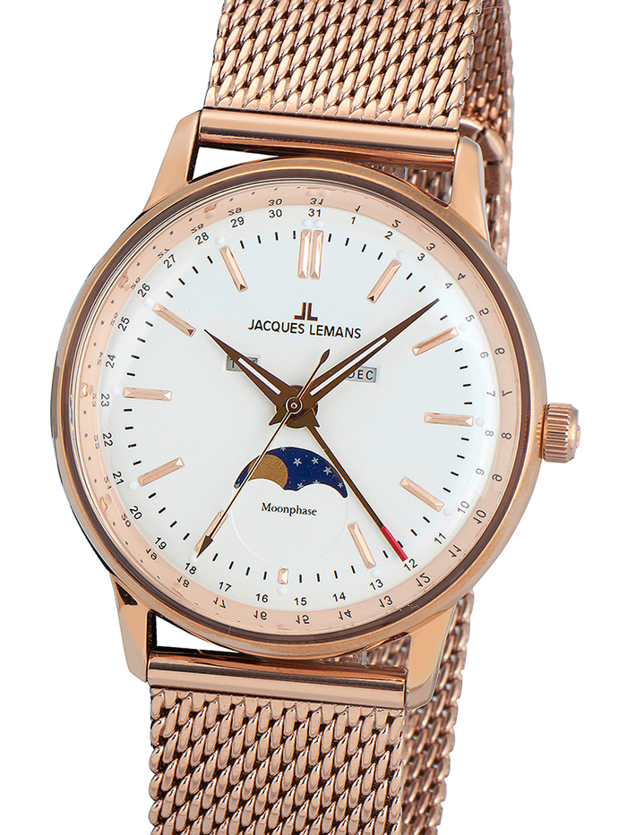 Jacques Lemans retro classic Roloi Batarias me Roz Xruso Metalliko Brasele N-214G