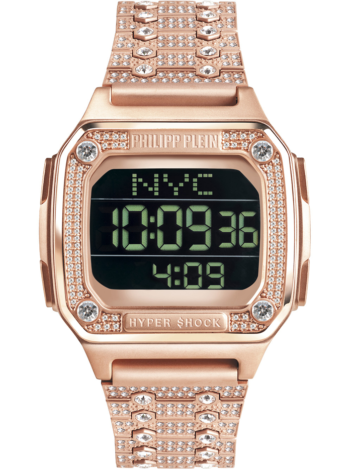 Philipp Plein Hyper $hock Psifiako Roloi Batarias me Roz Xruso Metalliko Brasele PWHAA1221