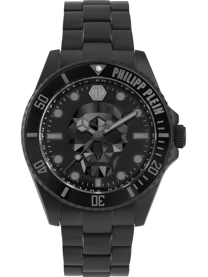 Philipp Plein The $kull Diver Roloi Batarias me Mavro Metalliko Brasele PWOAA0922