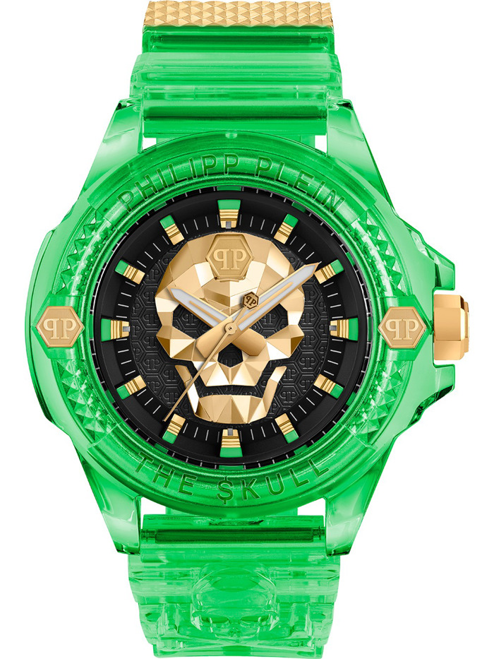 Philipp Plein The Skull Scuba Duba Roloi Batarias me Prasino Kaoutsouk Louraki PWWAA0924