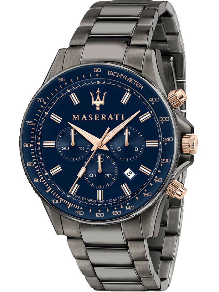 Maserati R8873640001 Sfida Andriko Roloi 44mm Xronogafos Batarias me Metalliko Brasele Navy/Grey