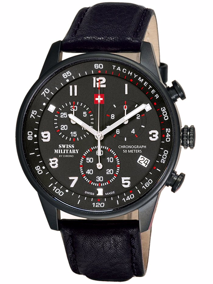 Swiss Military by Chrono Roloi Xronogafos Batarias me Mavro Dermatino Louraki SM34012.08