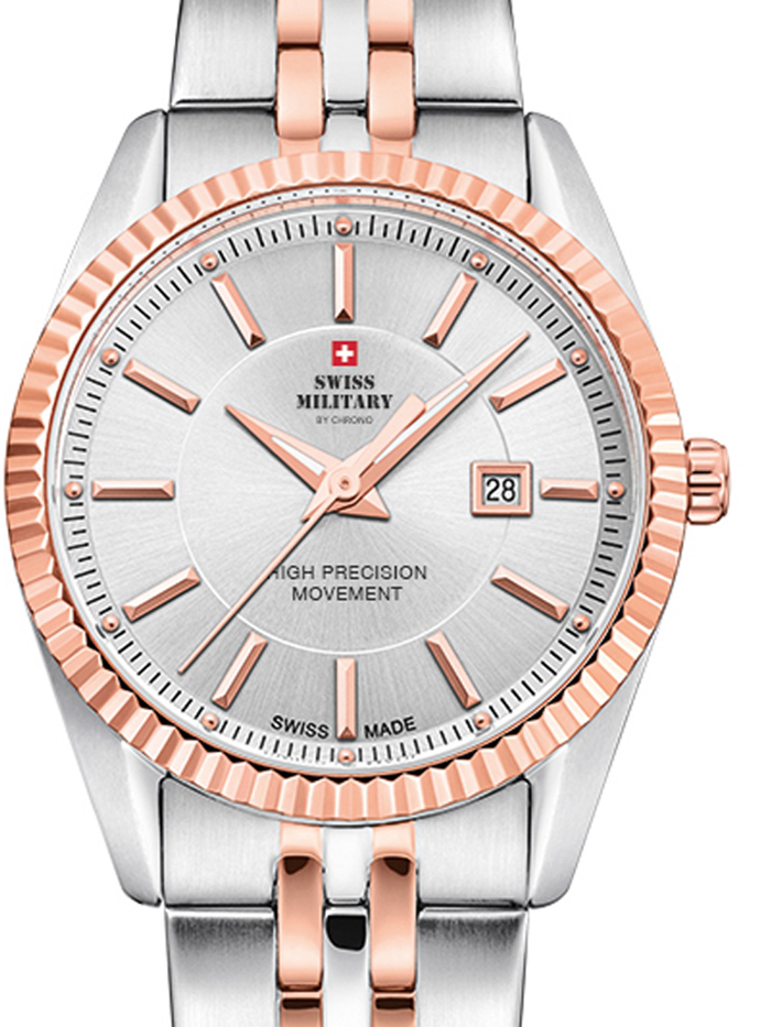 Swiss Military by Chrono Roloi Batarias me Roz Xruso / Asimi Metalliko Brasele SM34066.07