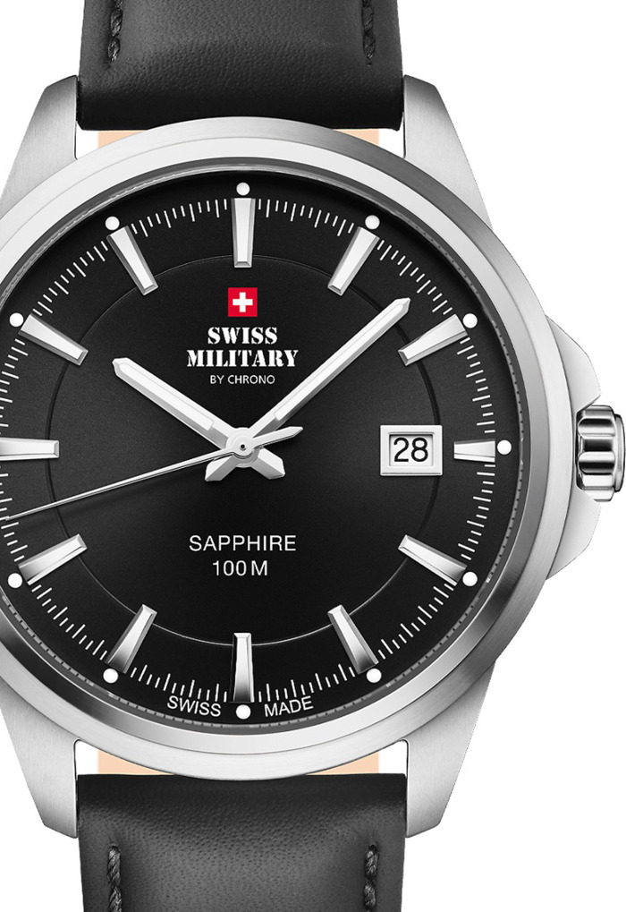 Swiss Military by Chrono Classic Roloi Batarias me Mavro Dermatino Louraki SM34104.08