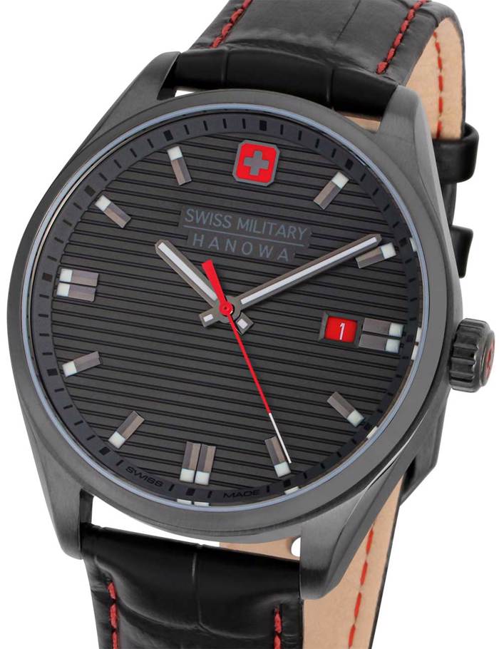 Swiss Military Hanowa Roadrunner Roloi Batarias me Mavro Dermatino Louraki SMWGB2200140