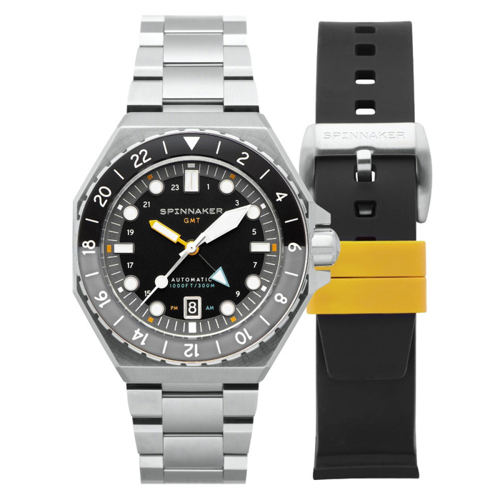 Spinnaker Dumas Automatic GMT Roloi Aftomato me Asimi Metalliko Brasele kai Mavro Kaoutsouk Louraki SP-5119-11