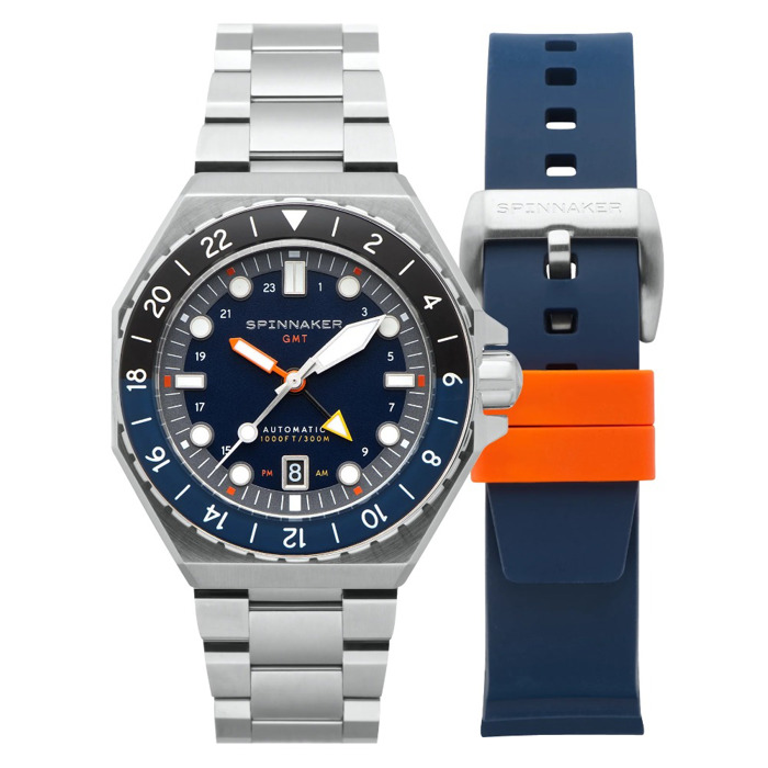 Spinnaker Dumas GMT Roloi Aftomato me Asimi Metalliko Brasele kai Ble Kaoutsouk Louraki SP-5119-22