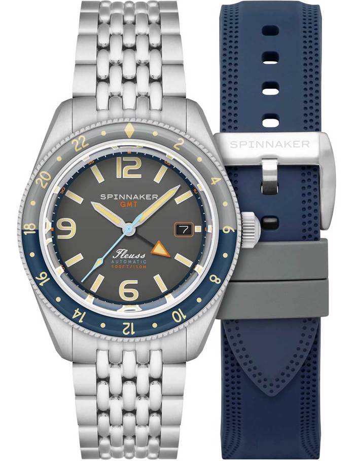 Spinnaker Fleuss GMT Roloi Aftomato me Asimi Metalliko Brasele kai Ble Kaoutsouk Louraki SP-5120-11