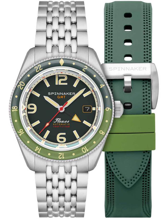 Spinnaker Fleuss GMT Roloi Aftomato me Asimi Metalliko Brasele kai Prasino Kaoutsouk Louraki SP-5120-44
