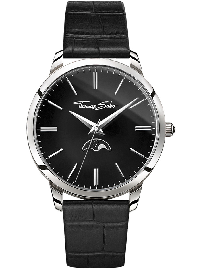 Thomas Sabo Moonphase Roloi Batarias me Mavro Dermatino Louraki WA0325-218-203