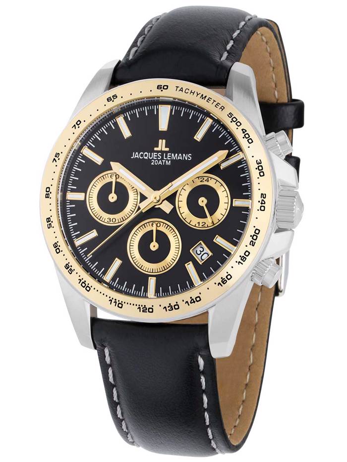 Jacques Lemans Liverpool Roloi Xronogafos Batarias me Mavro Dermatino Louraki 1-1877D