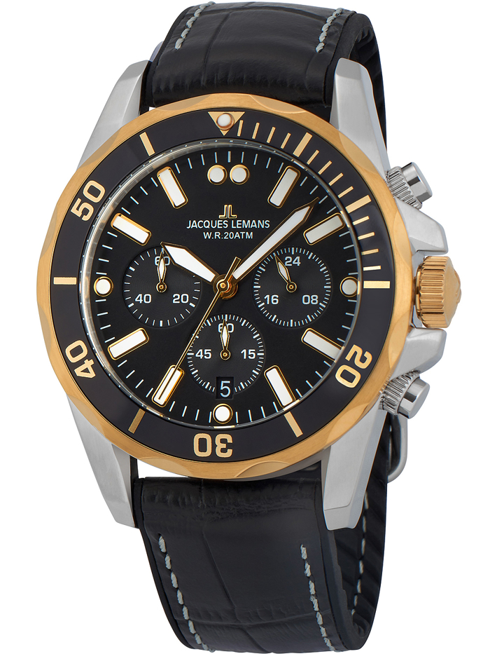 Jacques Lemans Liverpool Roloi Xronogafos Batarias me Mavro Dermatino Louraki 1-2091D