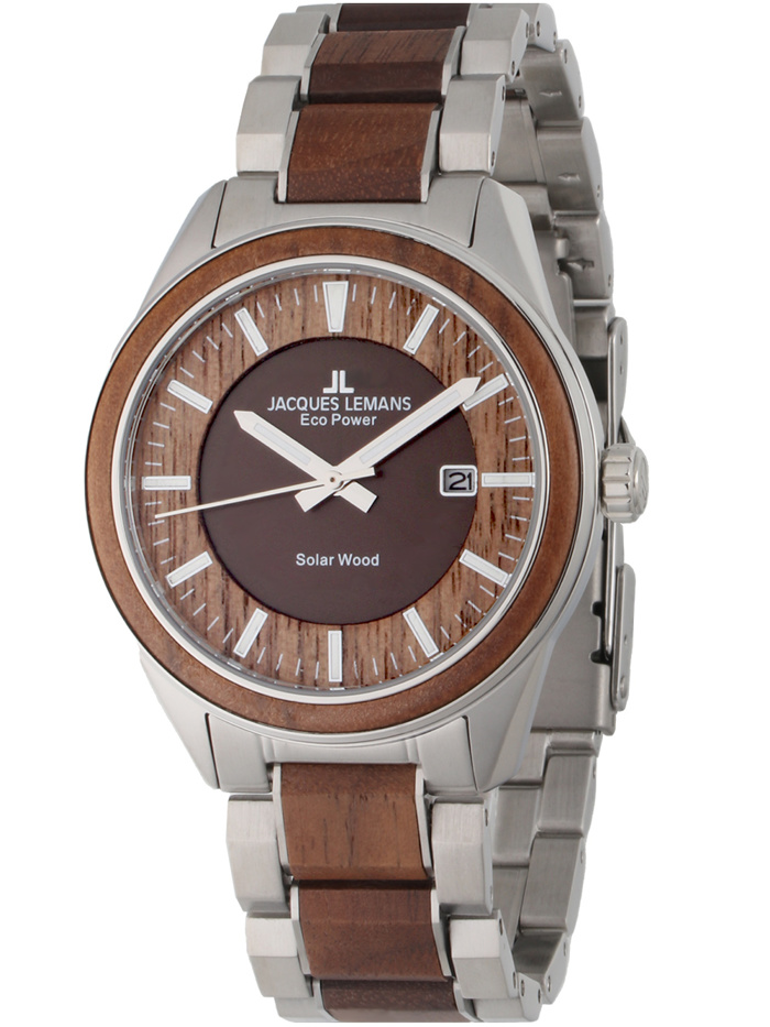 Jacques Lemans Eco-Power Wood Roloi Iliakis Energias me Asimi / Kafe Metalliko / Xulino Brasele 1-2116H