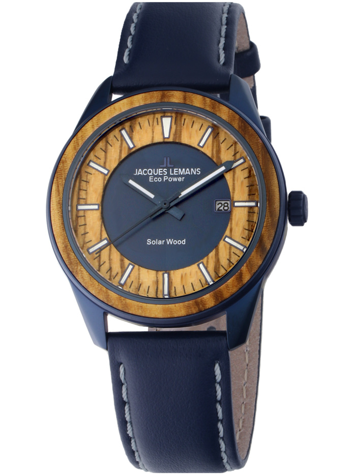 Jacques Lemans Eco-Power Roloi Batarias me Ble Oikologko Dermatino Louraki 1-2116K