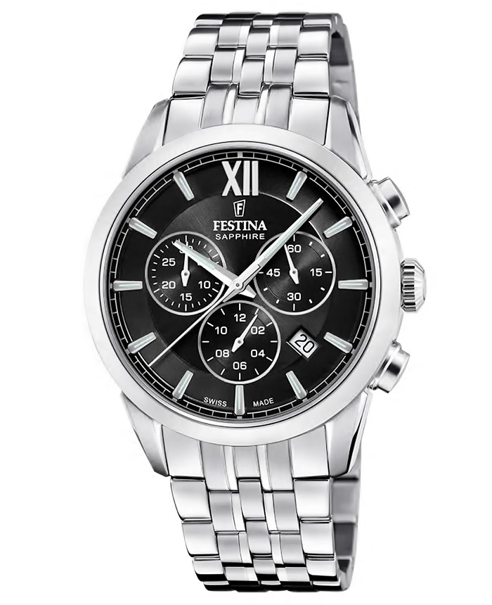 Festina Roloi Xronogafos Batarias me Asimi Metalliko Brasele F20040/4