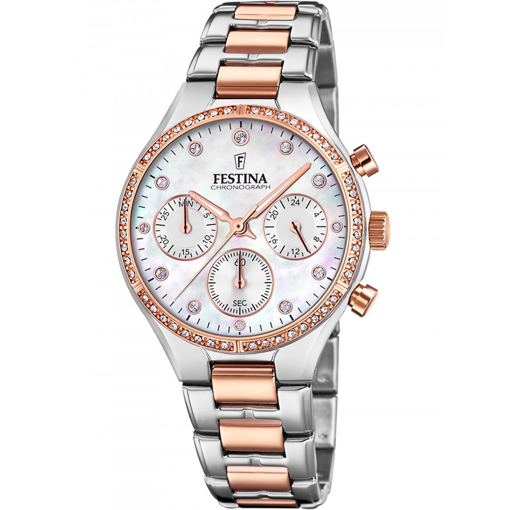 Festina Roloi Xronogafos Batarias me Roz Xruso / Asimi Metalliko Brasele F20403/1