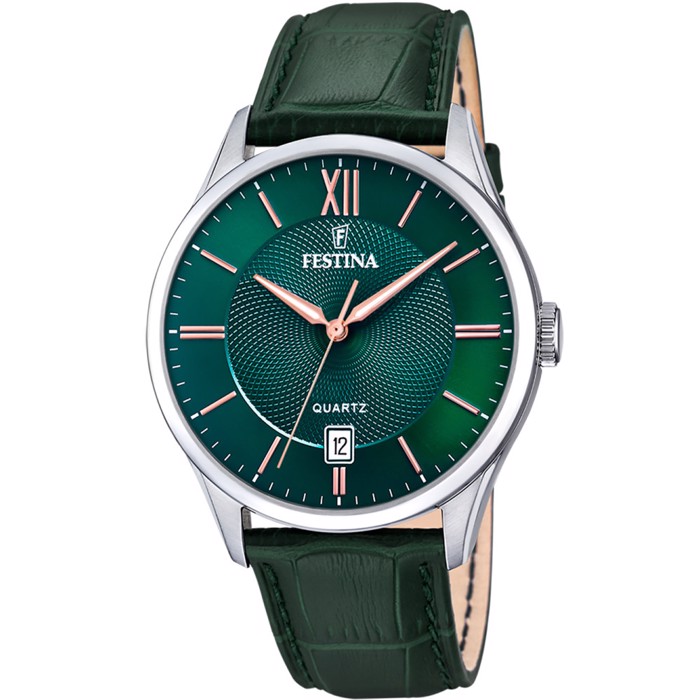 Festina Classic Roloi Batarias me Prasino Dermatino Louraki F20426/7