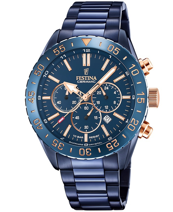 Festina Roloi Xronogafos Batarias me Ble Metalliko Brasele F20576/1
