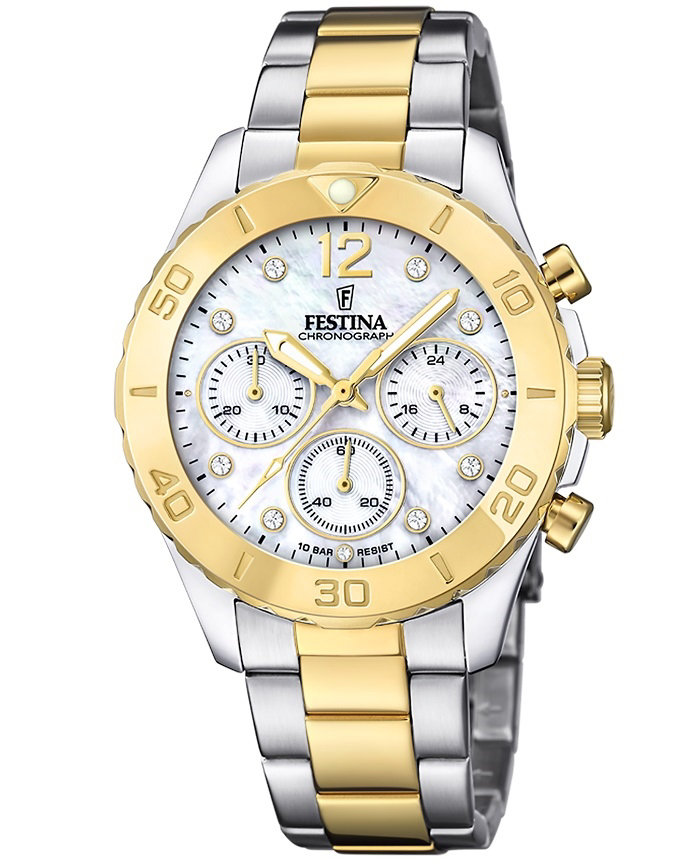 Festina Roloi Xronogafos Batarias me Xruso / Asimi Metalliko Brasele F20604/1