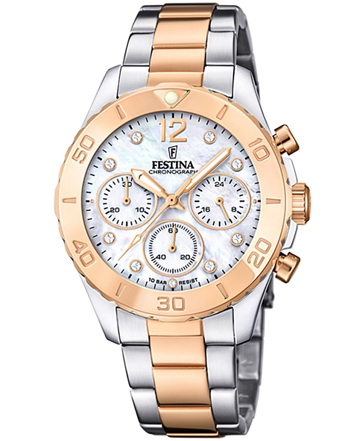 Festina Roloi Xronogafos Batarias me Roz Xruso / Asimi Metalliko Brasele F20605/1
