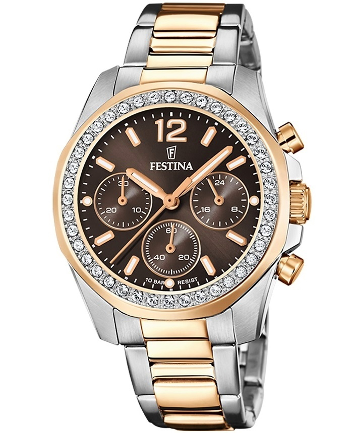 Festina Roloi Xronogafos Batarias me Roz Xruso / Asimi Metalliko Brasele F20608/1