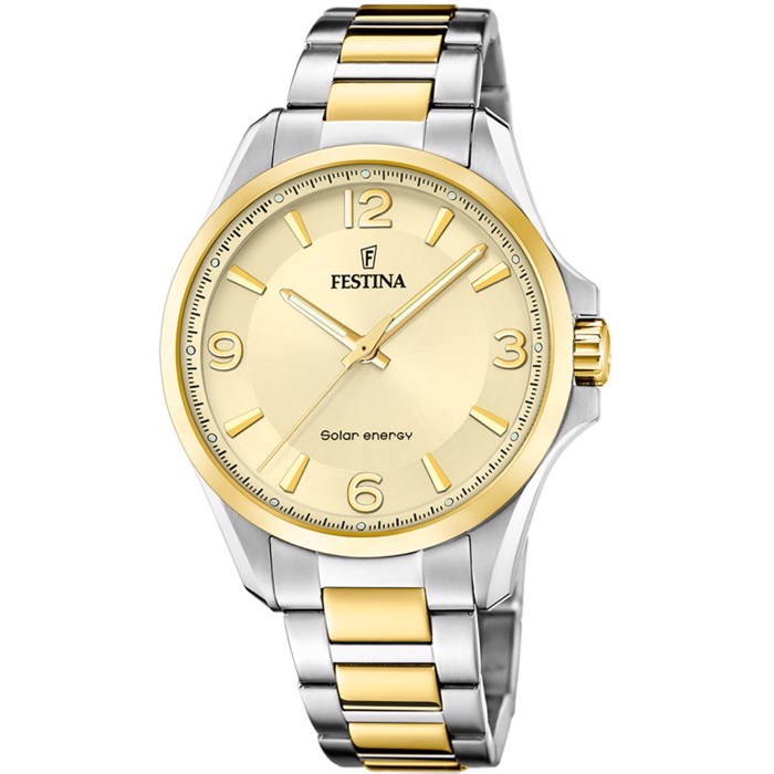 Festina Solar Energy Roloi Iliakis Energias me Xruso / Asimi Metalliko Brasele F20657/2