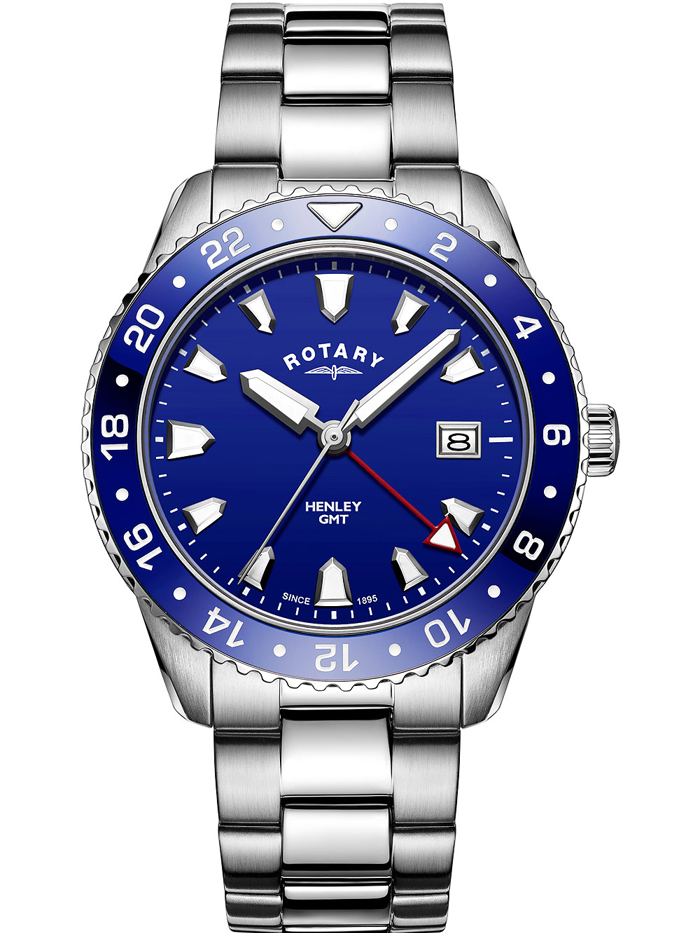 Rotary Henley GMT Roloi Batarias me Asimi Metalliko Brasele GB05108/05