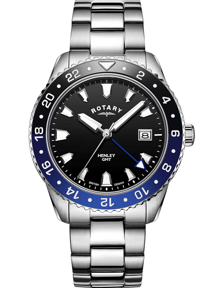 Rotary Henley GMT Roloi Batarias me Asimi Metalliko Brasele GB05108/63