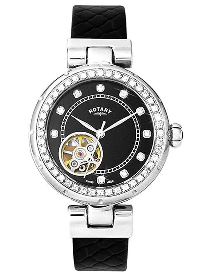 Rotary Skeleton Roloi Aftomato me Mavro Dermatino Louraki LS003/A/13