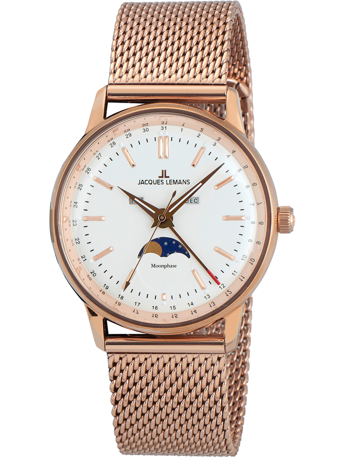 Jacques Lemans retro classic Roloi Batarias me Roz Xruso Metalliko Brasele N-214G