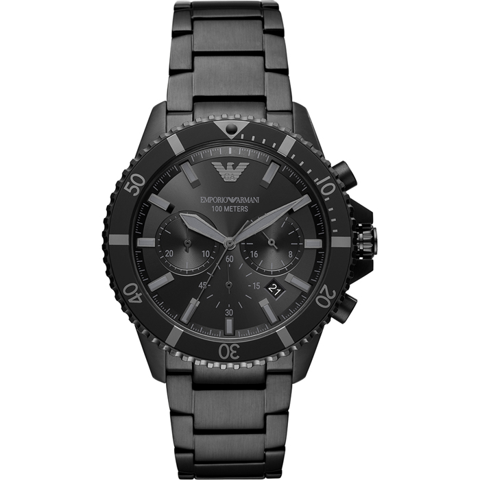 Emporio Armani Diver Roloi Xronogafos Batarias me Mavro Metalliko Brasele AR11363