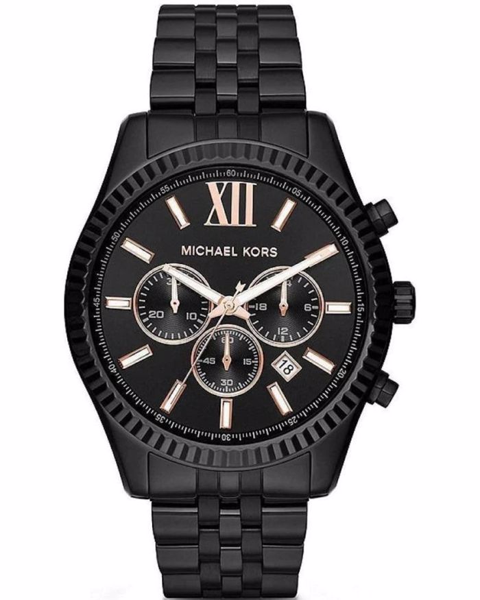 Michael Kors Lexington Roloi Xronogafos Batarias me Mavro Metalliko Brasele MK8467
